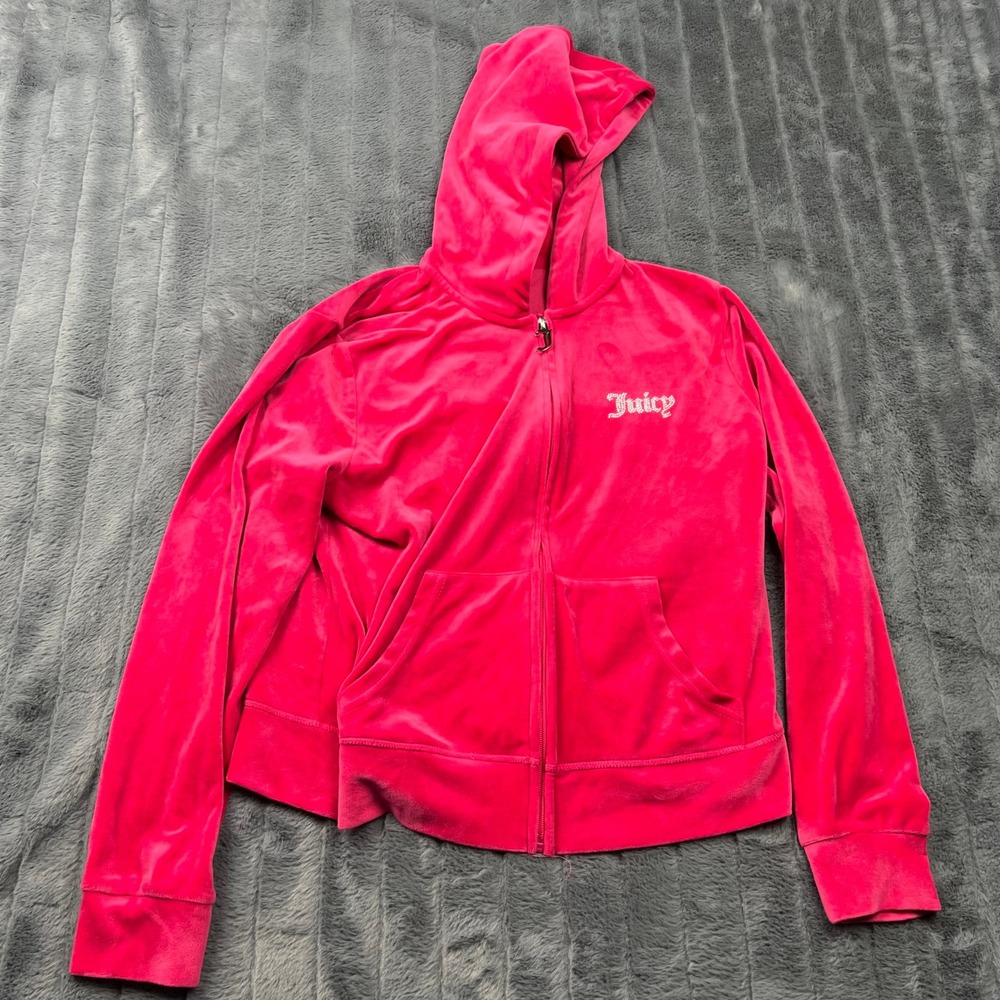 Juicy Couture Hot Pink Velour Zip Up Hoodie Rhinestone Logo Size Large 110030837